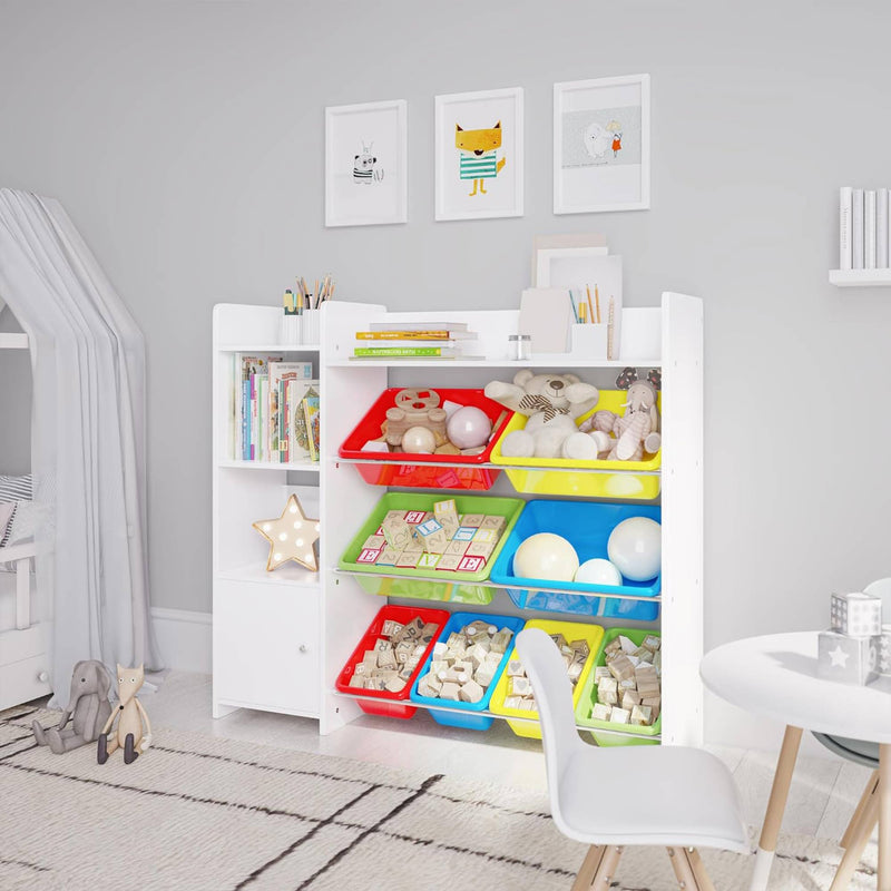 Sturdis Kids Toy Storage Organizer with Bookshelf, Top Shelf and 8 Colorful Bins