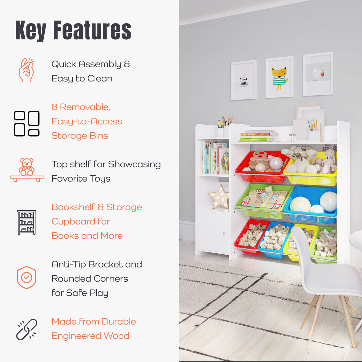 Sturdis Kids Toy Storage Organizer, Top Shelf and 8 Colorful Bins (Open Box)
