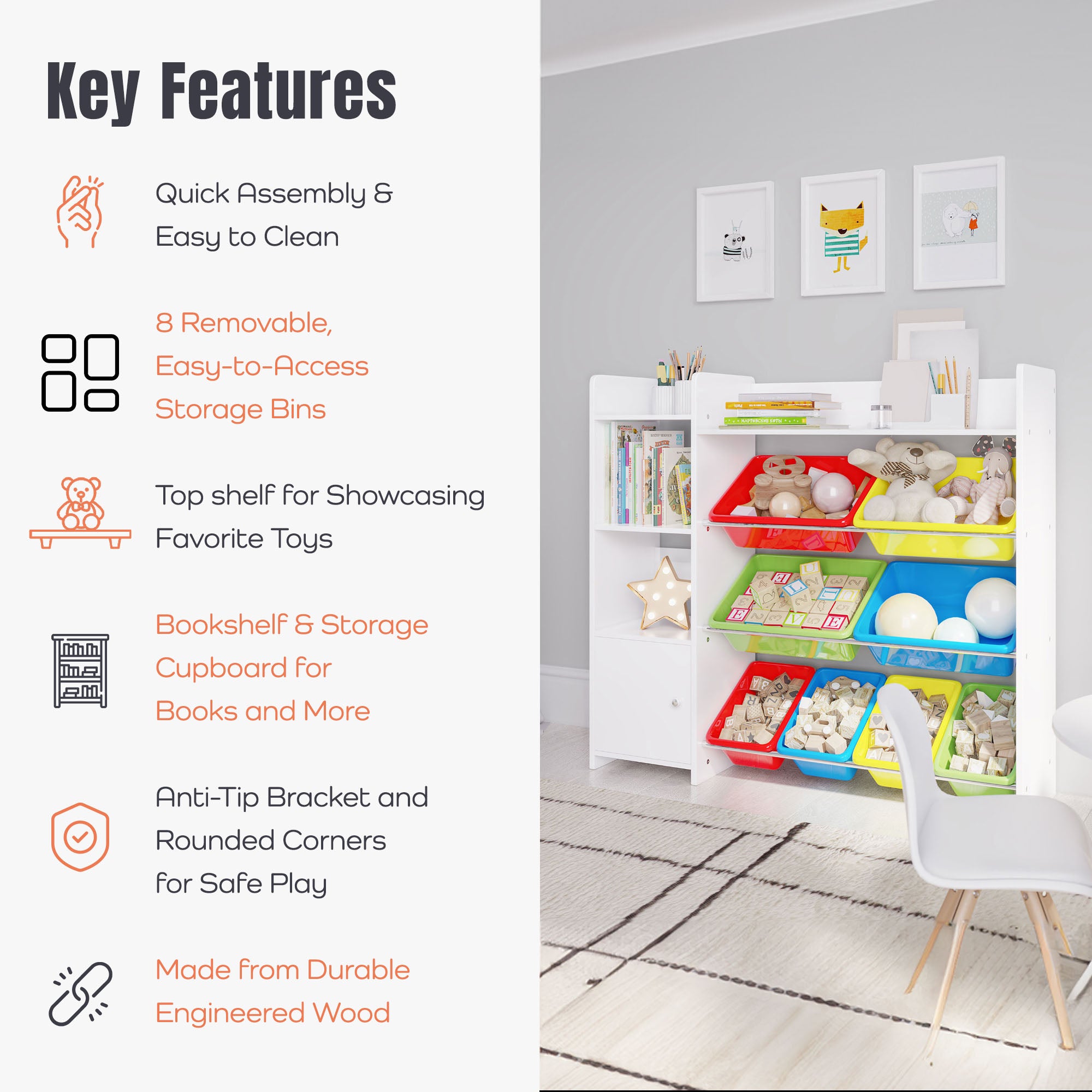 Sturdis Kids Toy Storage Organizer, Top Shelf and 8 Colorful Bins (Open Box)