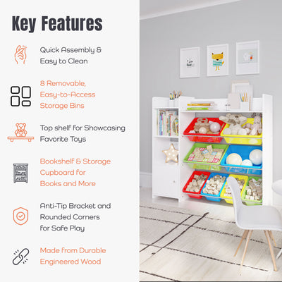 Sturdis Kids Toy Storage Organizer with Bookshelf, Top Shelf and 8 Colorful Bins - VMInnovations