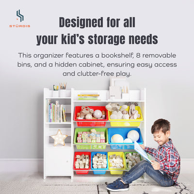 Sturdis Kids Toy Storage Organizer with Bookshelf, Top Shelf and 8 Colorful Bins