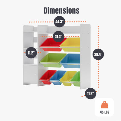 Sturdis Kids Toy Storage Organizer with Bookshelf, Top Shelf and 8 Colorful Bins