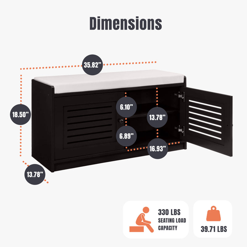 Sturdis Shoe Storage Cushion Seat Bench w/Adjustable Shelves, Espresso(Open Box)