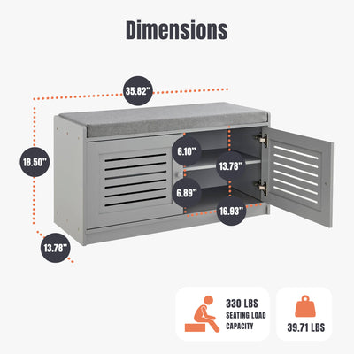 Sturdis Shoe Storage Bench w/Adjustable Shelves & Cushioned Seat, Gray(Open Box)