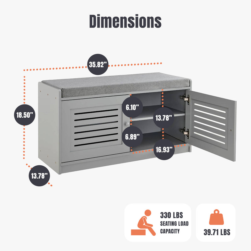 Sturdis Shoe Storage Bench w/Adjustable Shelves & Cushioned Seat, Gray(Open Box)