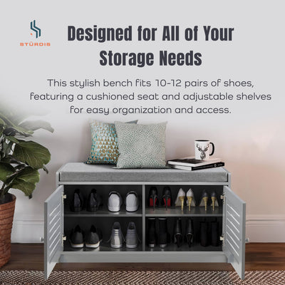 Sturdis Shoe Storage Bench w/Adjustable Shelves & Cushioned Seat, Gray(Open Box) - VMInnovations
