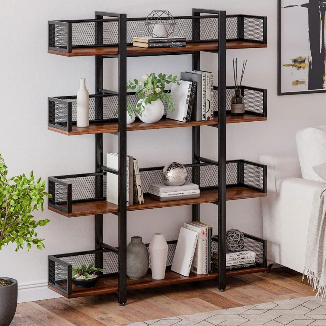 Sturdis 4 Tier Solid Wood Metal Industrial Bookshelf with Mesh Barriers, Black