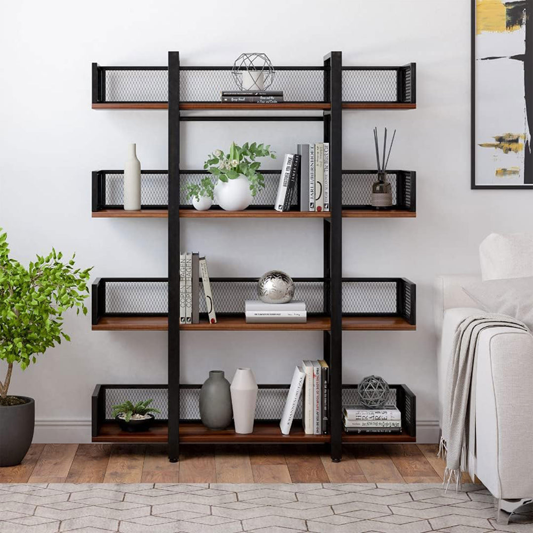 Sturdis 4 Tier Solid Wood Metal Industrial Bookshelf with Mesh Barriers, Black