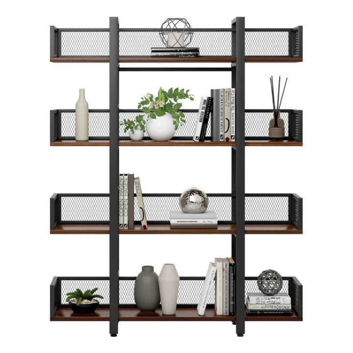 Sturdis 4 Tier Solid Wood Metal Industrial Bookshelf with Mesh Barriers, Black