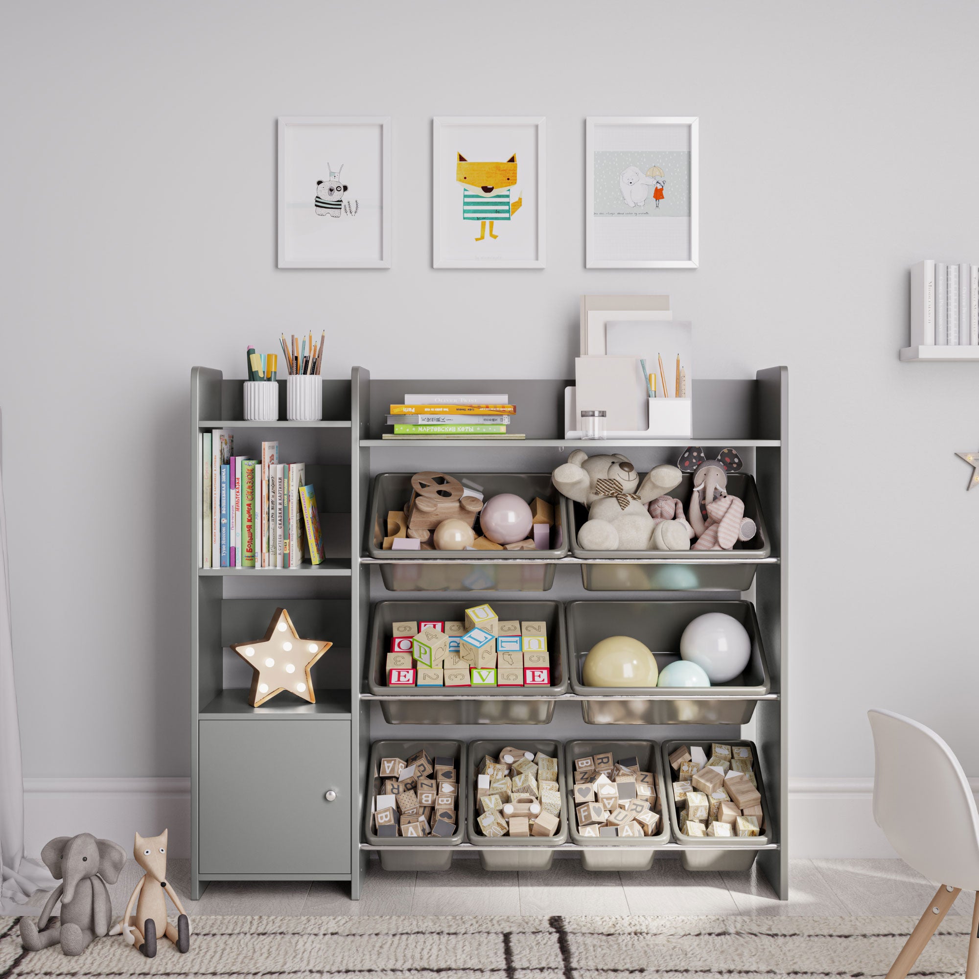 Sturdis Kids Toy Storage Organizer w/Cabinet, Bookshelf & 8 Toy Bins (For Parts)