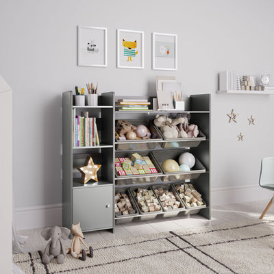 Sturdis Kids Toy Storage Organizer w/Cabinet, Bookshelf & 8 Toy Bins, Gray(Used) - VMInnovations