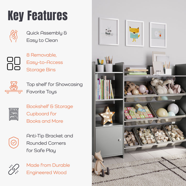 Sturdis Kids Storage Organizer w/Cabinet, Bookshelf & 8 Toy Bins, Gray(Open Box)