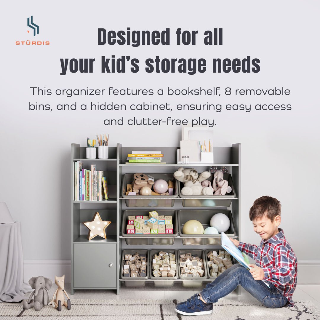Sturdis Kids Storage Organizer w/Cabinet, Bookshelf & 8 Toy Bins, Gray(Open Box)