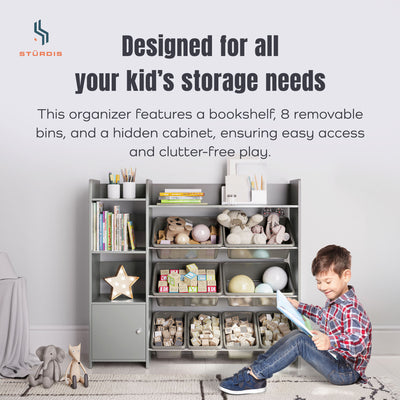 Sturdis Kids Toy Storage Organizer with Cabinet, Bookshelf and 8 Toy Bins, Gray