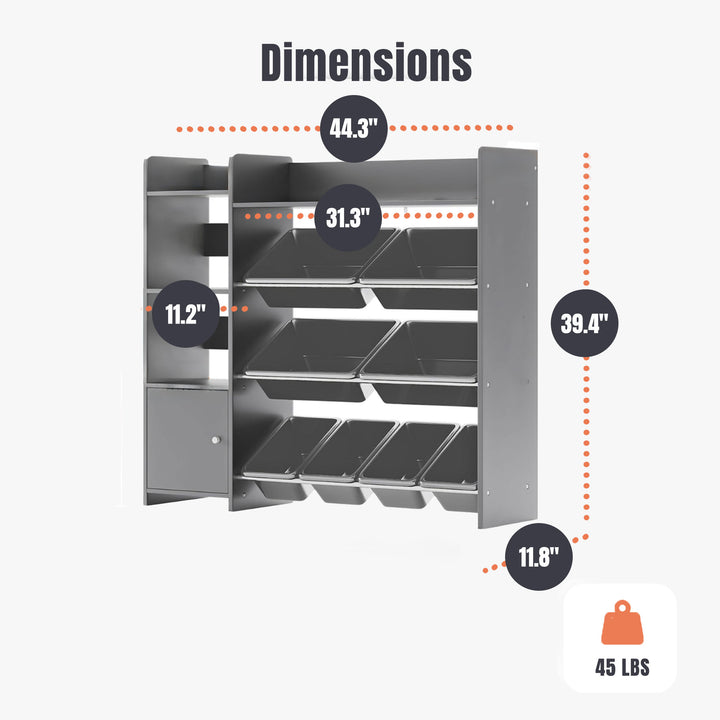 Sturdis Kids Storage Organizer w/Cabinet, Bookshelf & 8 Toy Bins, Gray(Open Box)