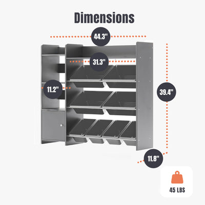 Sturdis Kids Toy Storage Organizer with Cabinet, Bookshelf and 8 Toy Bins, Gray