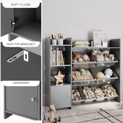 Sturdis Kids Storage Organizer w/Cabinet, Bookshelf & 8 Toy Bins, Gray(Open Box) - VMInnovations