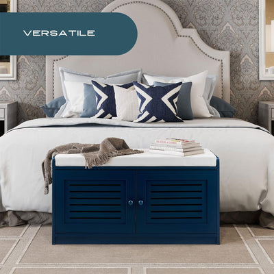 Modern Cushioned Shoe Storage Bench w/ Adjustable Shelves, Antique Blue (Used) - VMInnovations