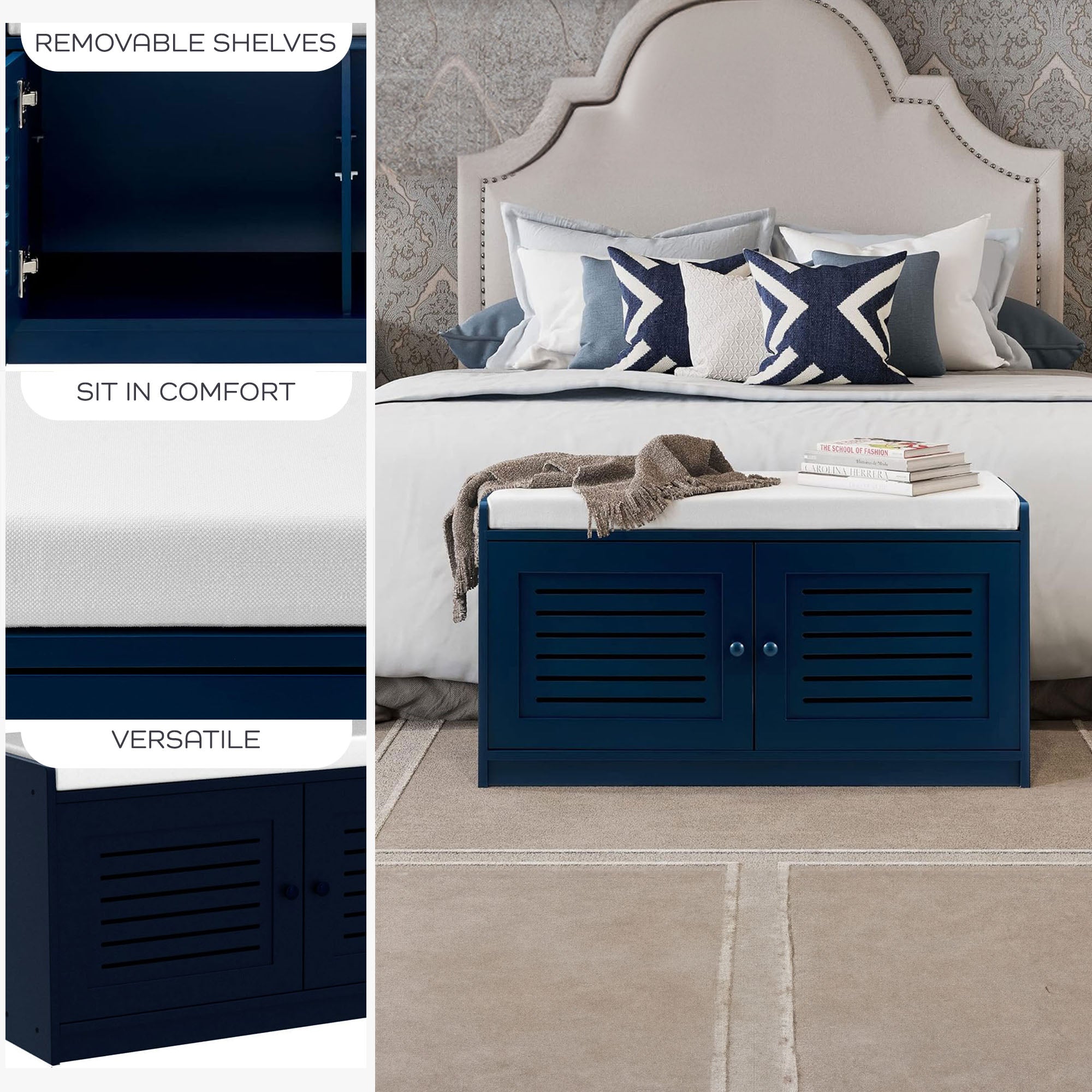 Sturdis Modern Shoe Storage Cushioned Seat Bench with Shelves, Blue (For Parts) - VMInnovations
