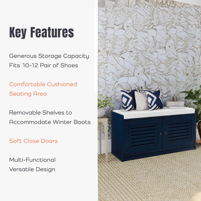 Sturdis Modern Shoe Storage Cushioned Seat Bench with Adjustable Shelves, Blue - VMInnovations