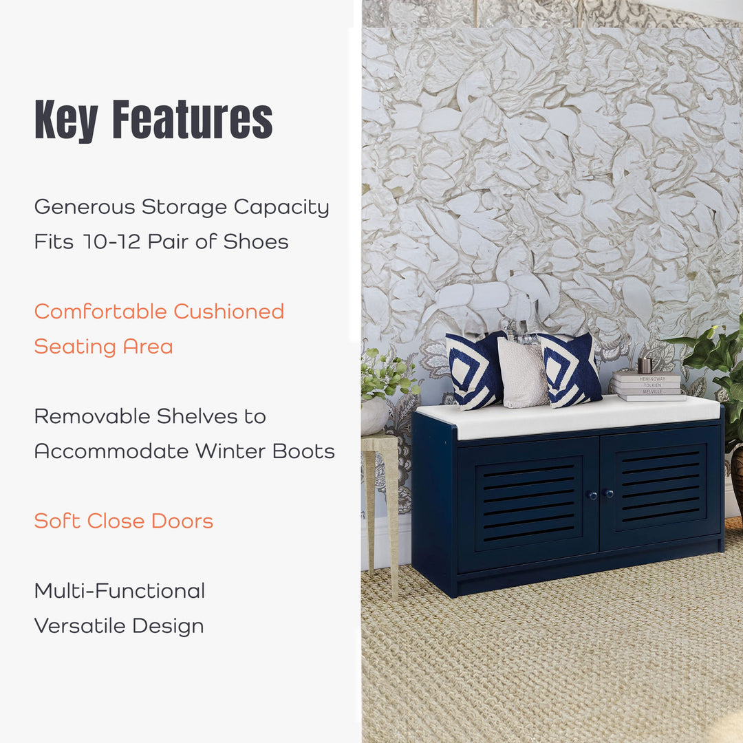 Sturdis Modern Shoe Storage Cushioned Seat Bench with Shelves, Blue (For Parts)