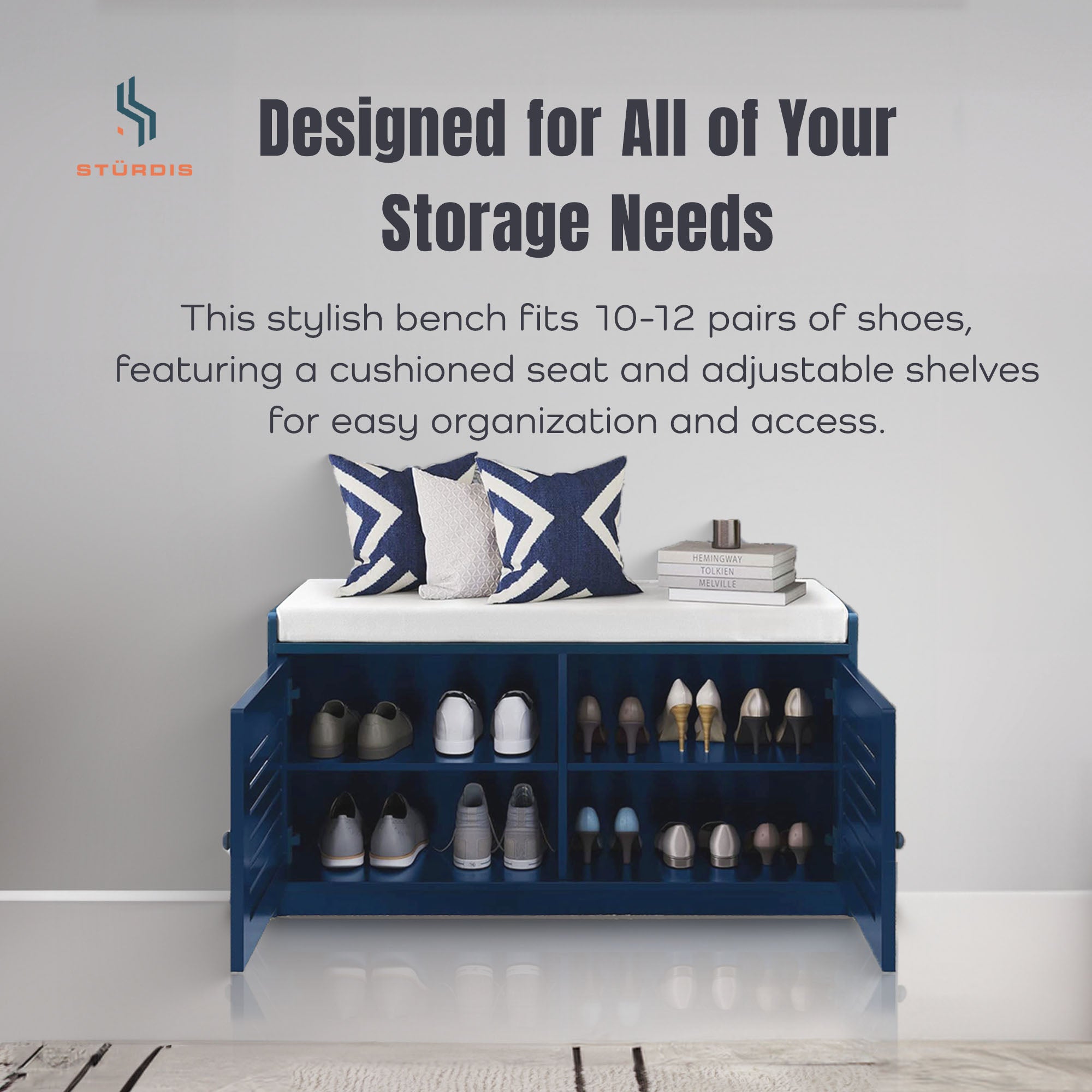 Sturdis Modern Shoe Storage Cushioned Seat Bench with Adjustable Shelves, Blue - VMInnovations