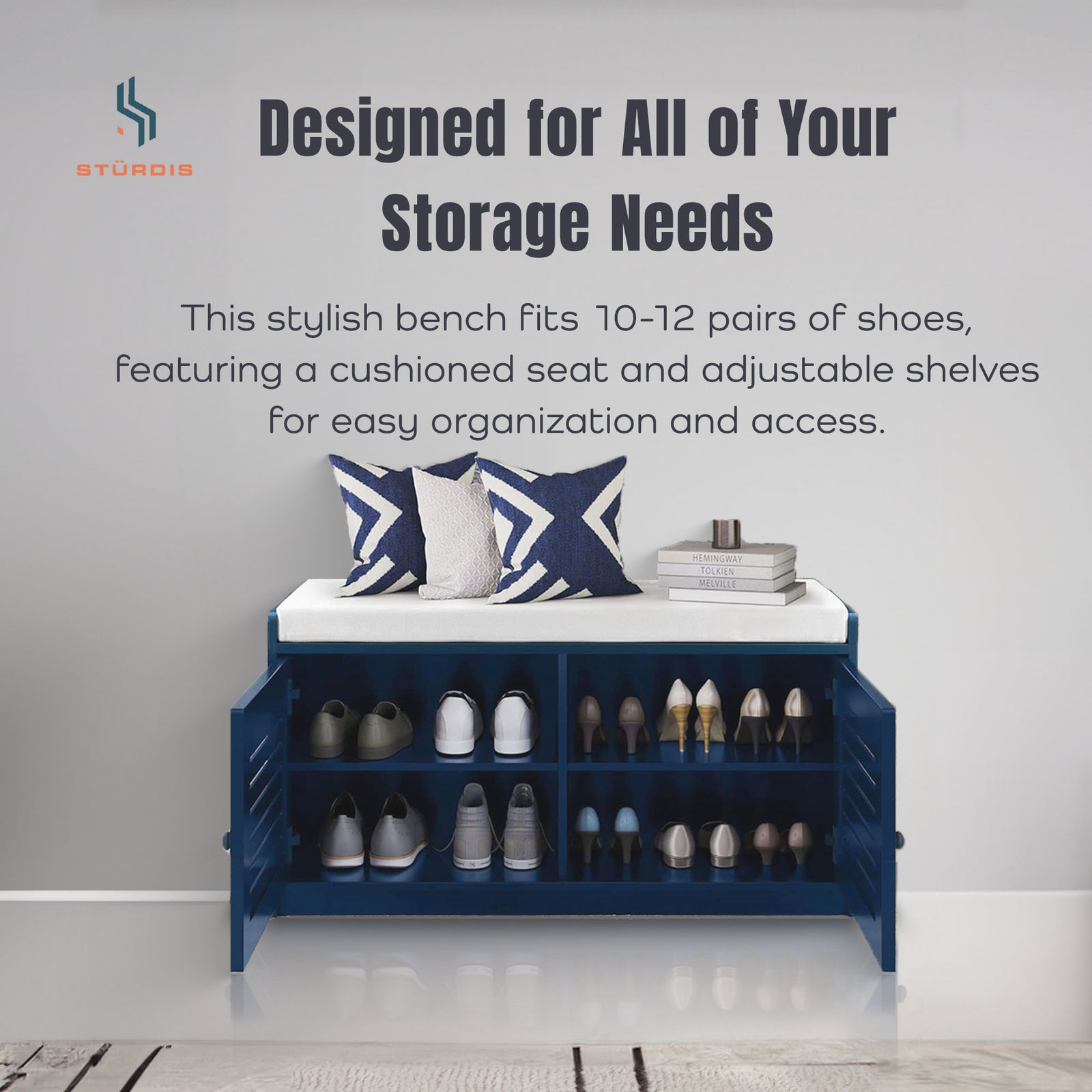 Modern Cushioned Shoe Storage Bench w/ Adjustable Shelves, Antique Blue (Used) - VMInnovations