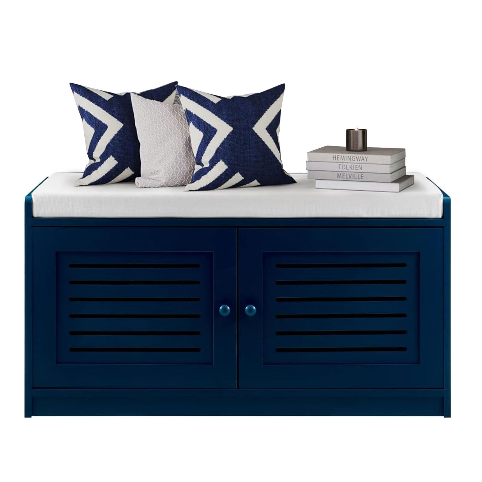 Modern Cushioned Shoe Storage Bench w/ Adjustable Shelves, Antique Blue (Used) - VMInnovations