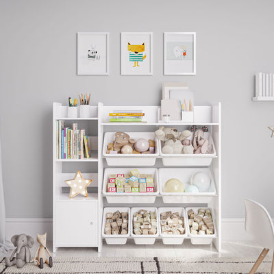 Sturdis Toy Storage Organizer w/Cabinet, Bookshelf & 8 Bins, White (Open Box) - VMInnovations