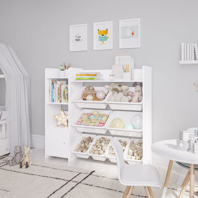 Sturdis Toy Storage Organizer w/Cabinet, Bookshelf & 8 Bins, White (Open Box) - VMInnovations