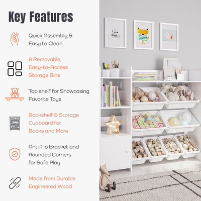 Sturdis Toy Storage Organizer w/Cabinet, Bookshelf & 8 Bins, White (Open Box) - VMInnovations