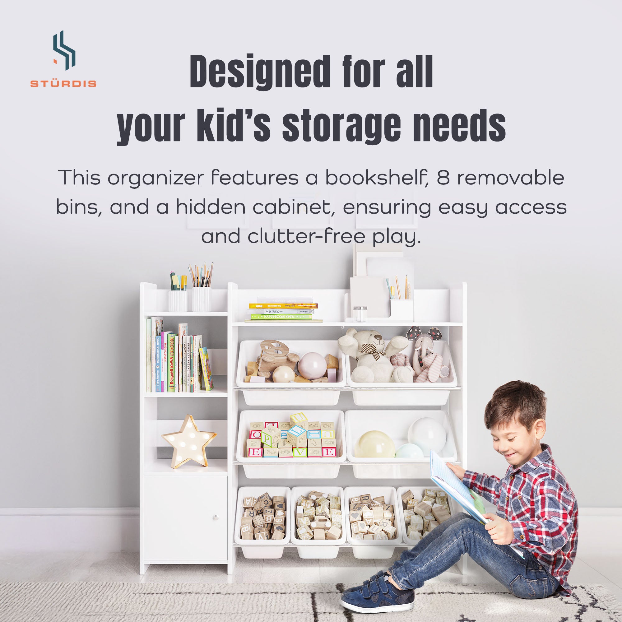 Sturdis Kids Toy Storage Organizer with Cabinet, Bookshelf and 8 Toy Bins, White - VMInnovations