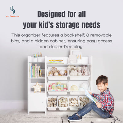 Sturdis Toy Storage w/Cabinet, Bookshelf & 8 Toy Bins, White (For Parts) - VMInnovations
