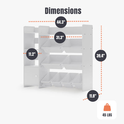 Sturdis Kids Toy Storage Organizer with Cabinet, Bookshelf and 8 Toy Bins, White