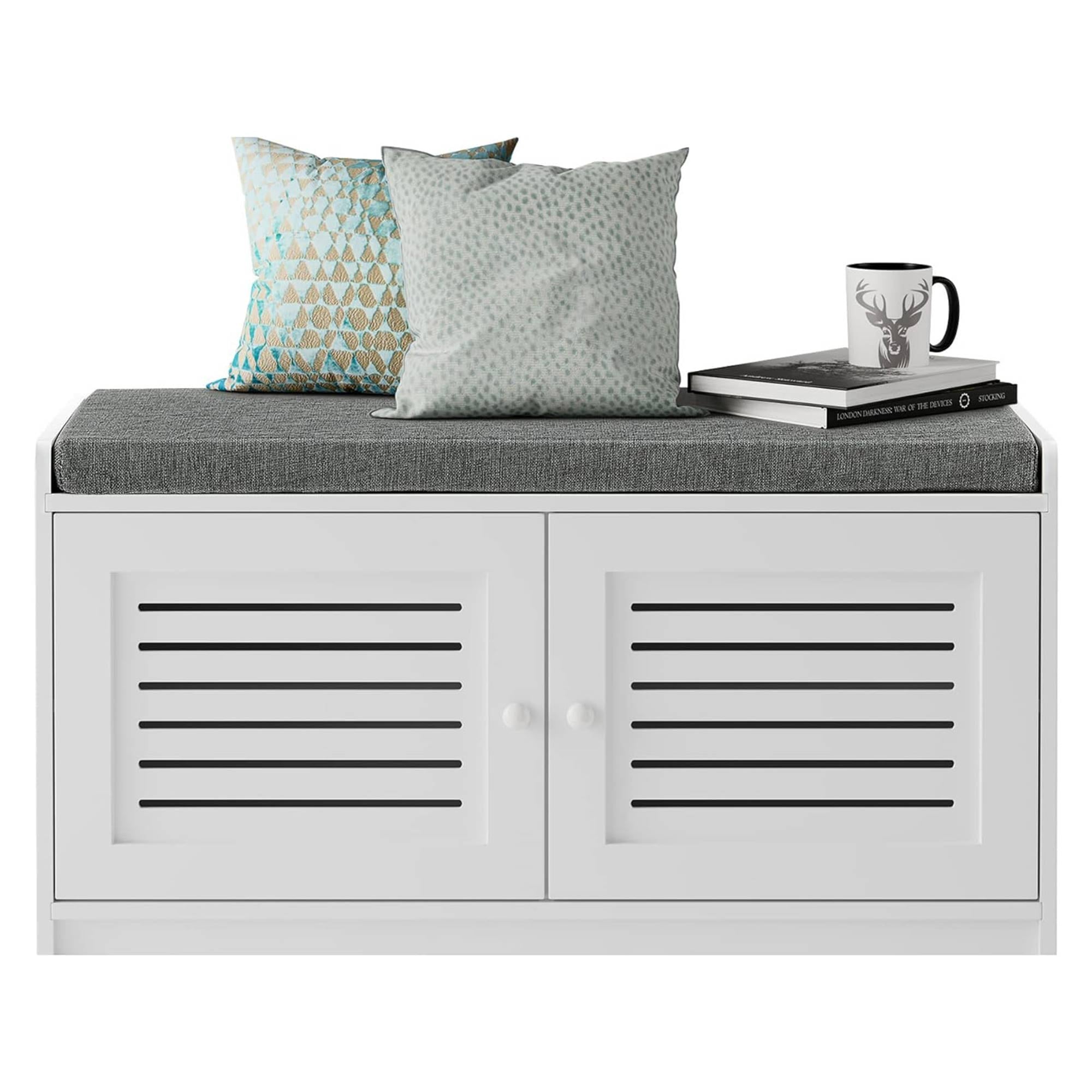 Sturdis Modern Shoe Storage Bench w/ Adjustable Shelves & Cushioned Seat, White - VMInnovations