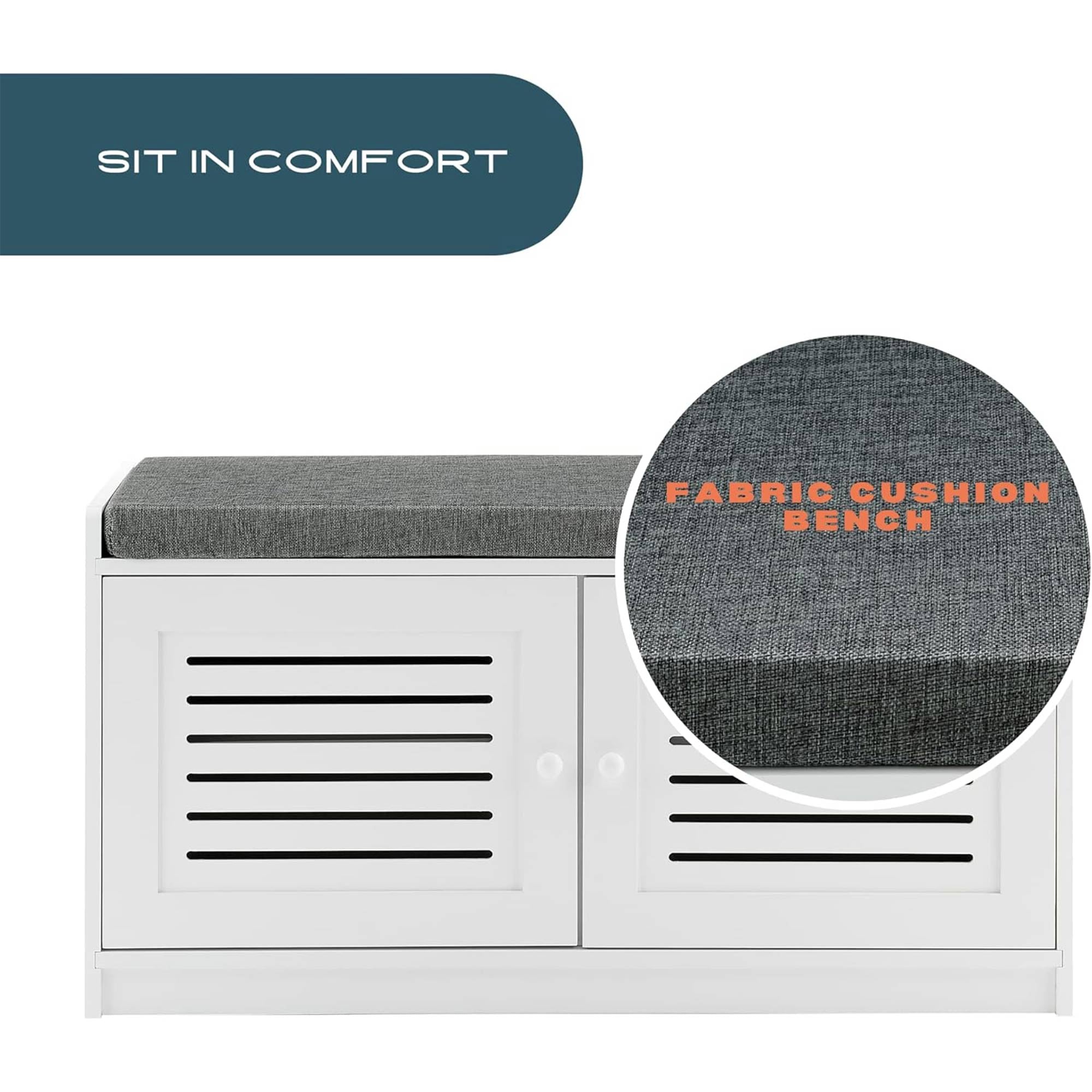 Sturdis Modern Shoe Storage Bench w/ Adjustable Shelves & Cushioned Seat, White - VMInnovations
