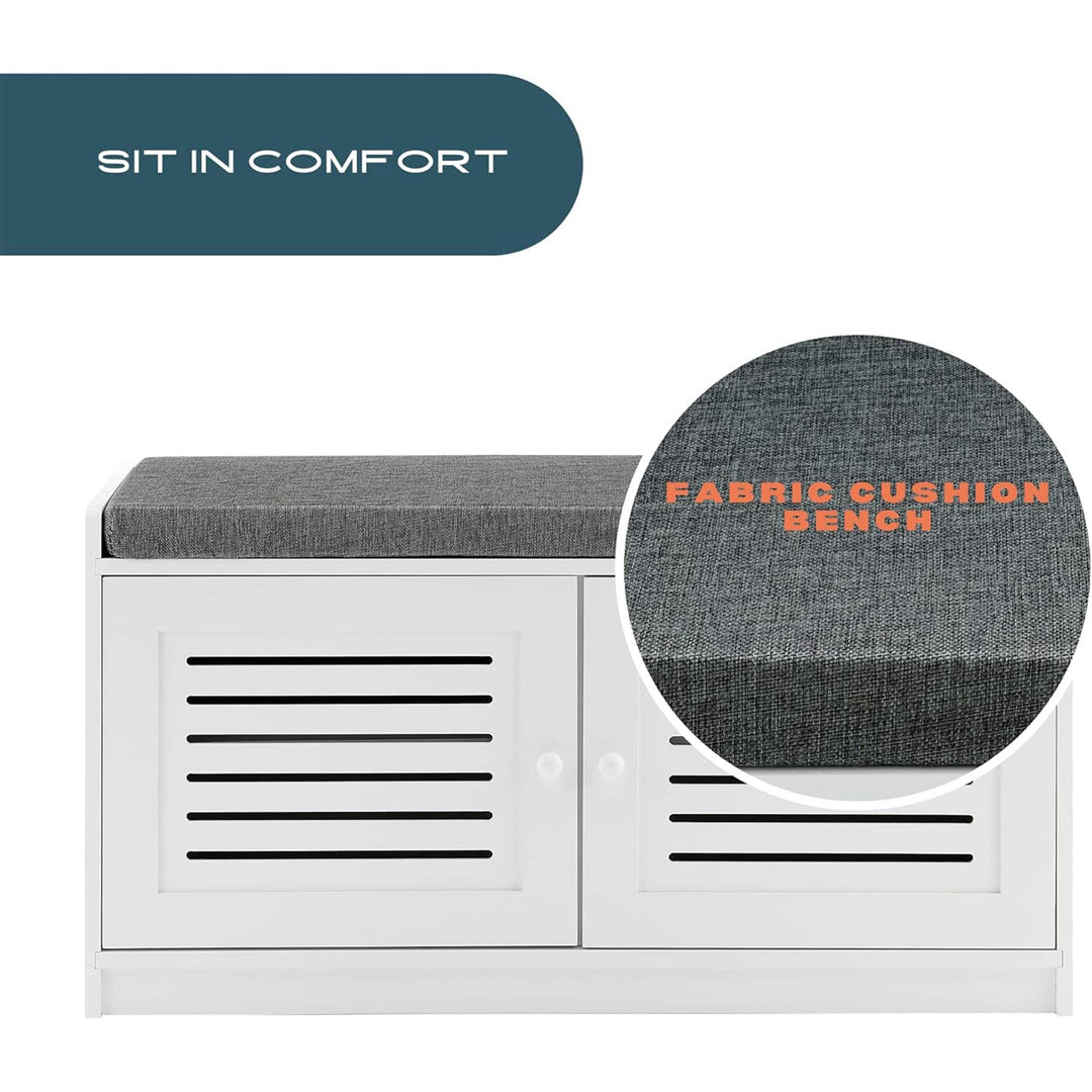 Sturdis Shoe Storage Bench w/ Adjustable Shelves & Cushioned Seat, White (Used) - VMInnovations