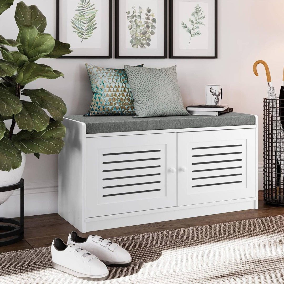 Sturdis Shoe Storage Bench w/ Adjustable Shelves & Cushioned Seat, White (Used)