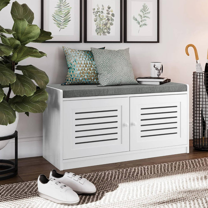 Sturdis Shoe Storage Bench w/ Adjustable Shelves & Cushioned Seat, White (Used)