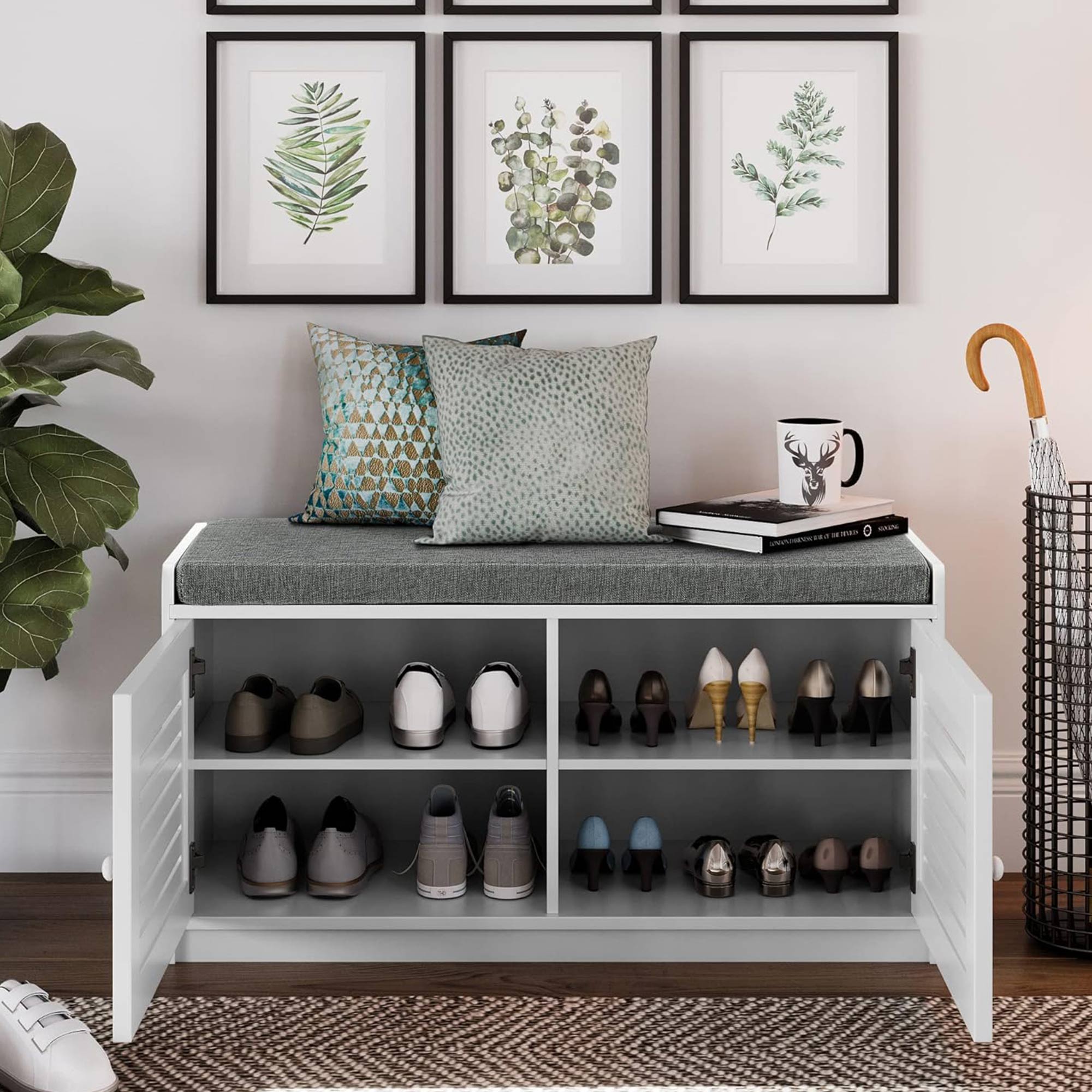 Sturdis Modern Shoe Storage Bench w/ Adjustable Shelves & Cushioned Seat, White - VMInnovations