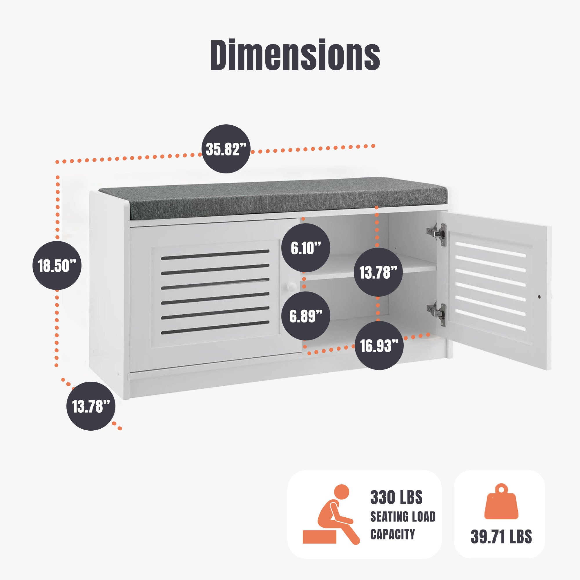 Sturdis Modern Shoe Storage Bench w/ Adjustable Shelves & Cushioned Seat, White - VMInnovations