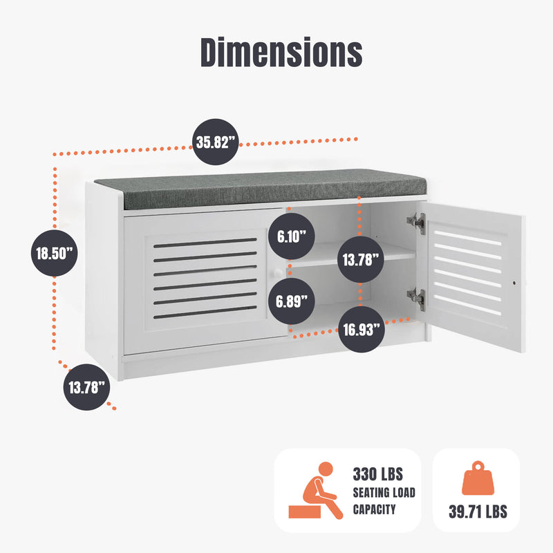 Sturdis Modern Shoe Storage Bench w/ Adjustable Shelves & Cushioned Seat, White
