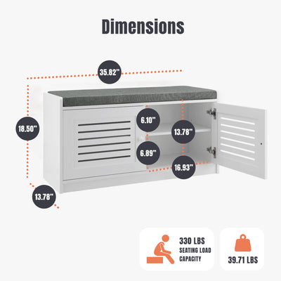 Sturdis Modern Shoe Storage Bench w/ Adjustable Shelves & Cushioned Seat, White - VMInnovations