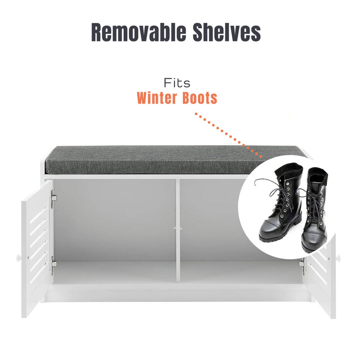 Shoe Storage Bench w/ Adjustable Shelves & Cushioned Seat, White (Open Box)