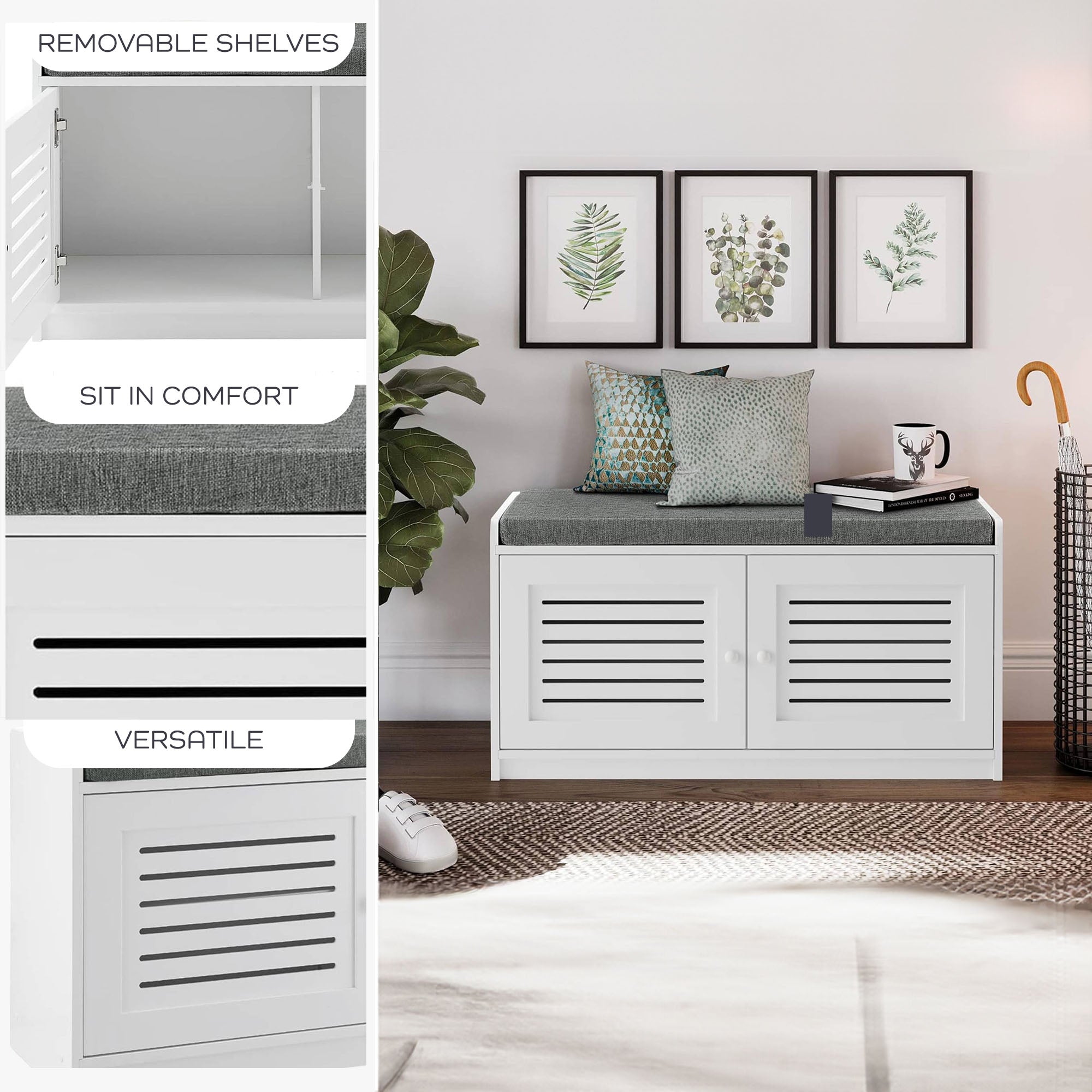 Sturdis Modern Shoe Storage Bench w/ Adjustable Shelves & Cushioned Seat, White - VMInnovations
