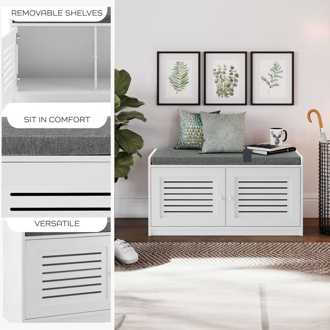 Shoe Storage Bench w/ Adjustable Shelves & Cushioned Seat, White (Open Box)