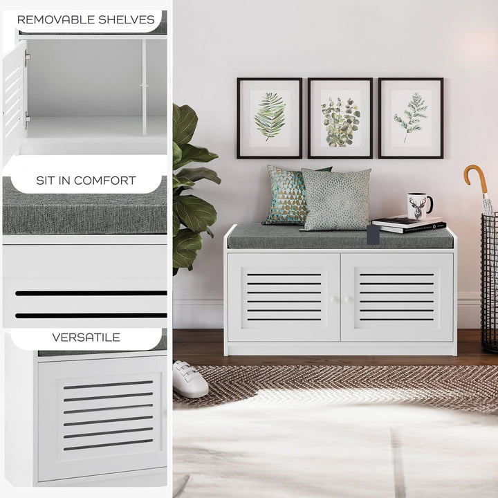 Shoe Storage Bench w/ Adjustable Shelves & Cushioned Seat, White (Open Box)