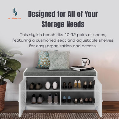 Sturdis Shoe Storage Bench w/ Adjustable Shelves & Cushioned Seat, White (Used) - VMInnovations