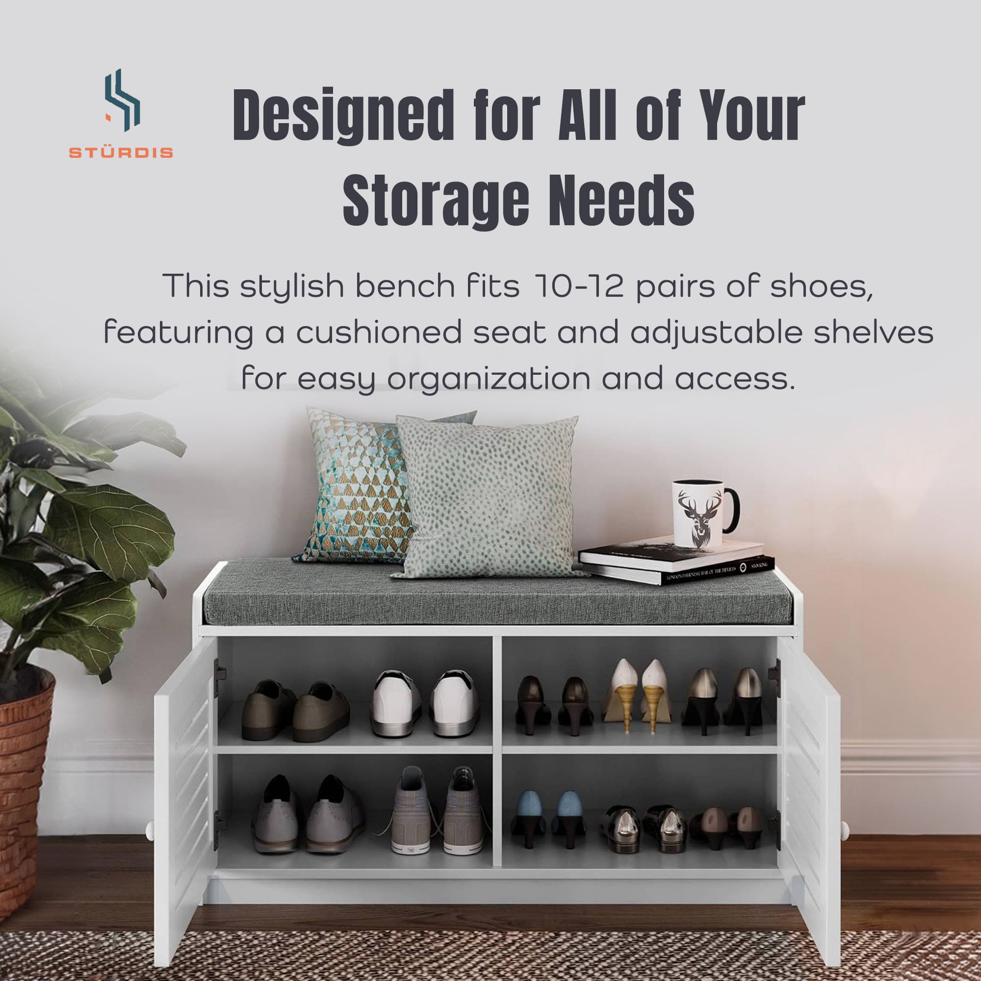 Sturdis Modern Shoe Storage Bench w/ Adjustable Shelves & Cushioned Seat, White - VMInnovations