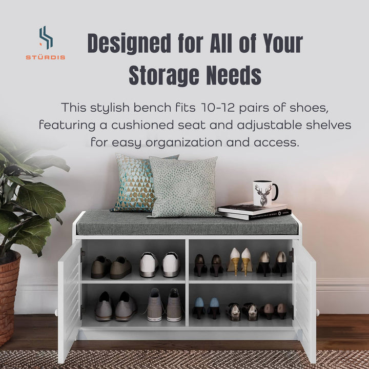 Shoe Storage Bench w/ Adjustable Shelves & Cushioned Seat, White (Open Box)